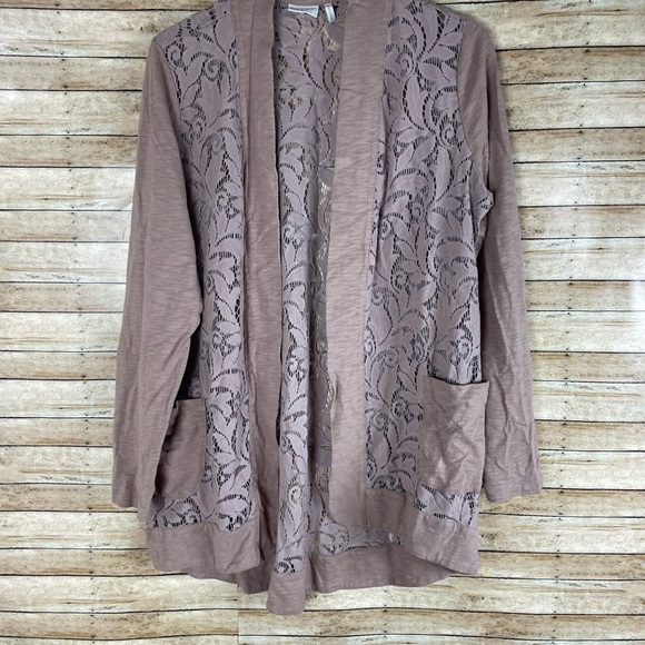 LOGO by Lori Goldstein Tan Taupe Lace Open Front Cardigan large - Picture 6 of 6